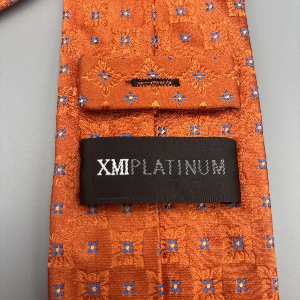 XMI Platinum Orange Geometric Pattern Silk Tie